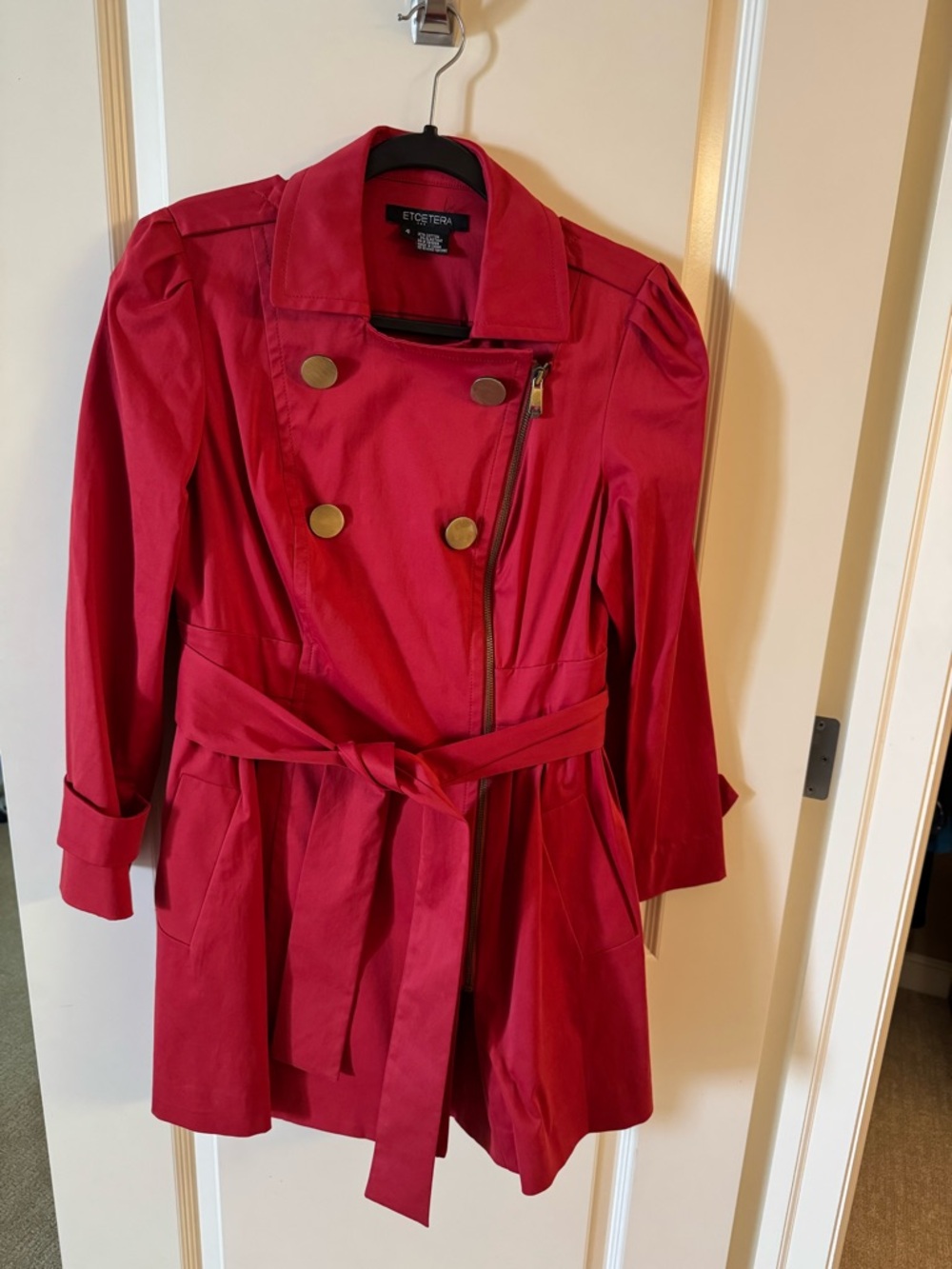 Etcetera Crimson Red Double-Breasted Trench Coat with Belt